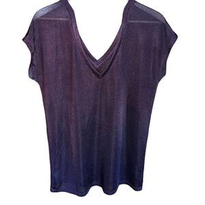 Stella & Dot v-neck cap sleeved sheer top with black and gold cross back detail